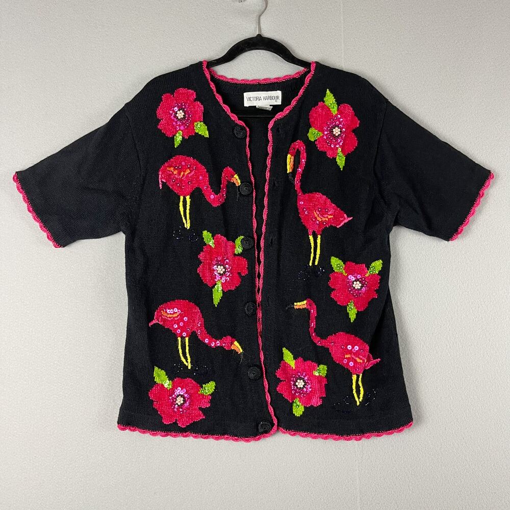 VTG Victoria Harbour Flamingo Cardigan Womens Large Floral Sequin Beaded Artsy